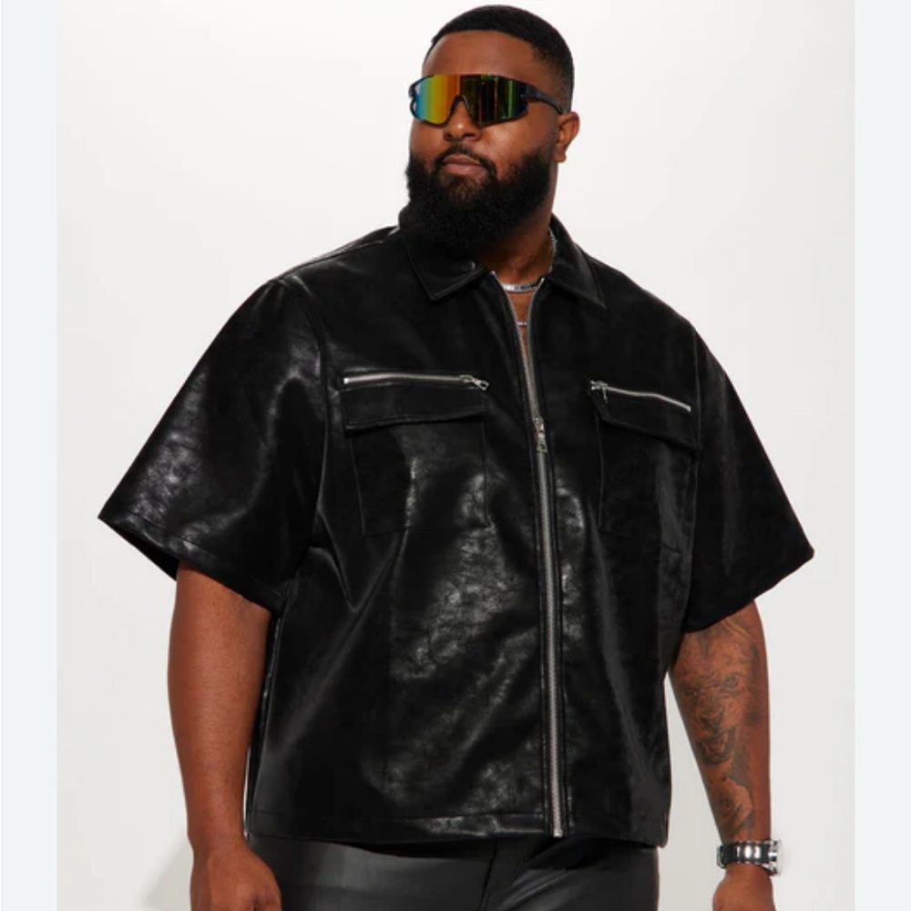 NovaMen Black Sorry Not Sorry Faux Leather Zip Up Short Sleeve Shirt
